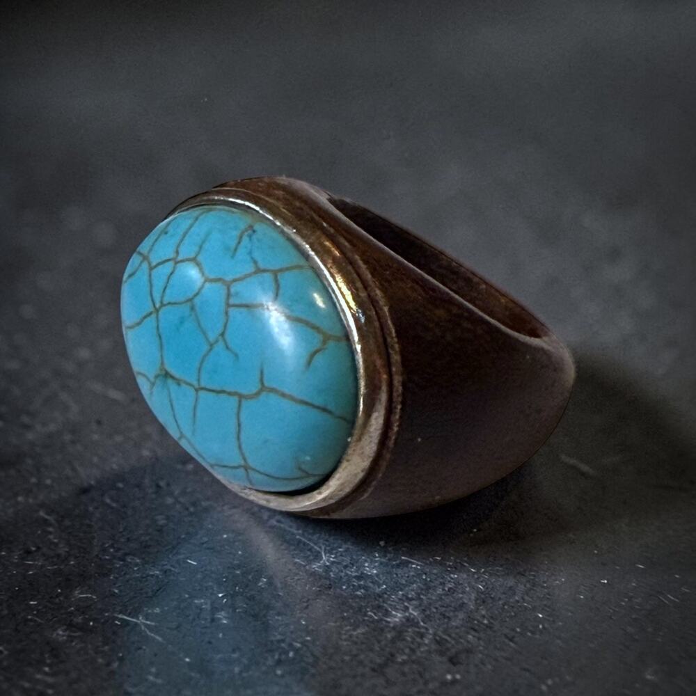 Ebony Wood & Faux Turquoise Fashion Ring Large Unisex Boho Western Size 7.5